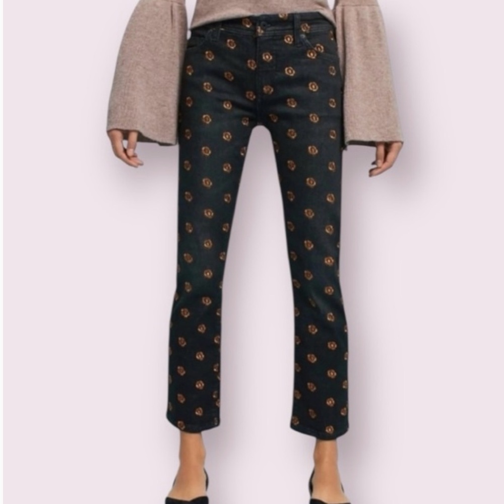 Pilcro Black Gold Flower Embroidered Slim Straight Pants Jeans Size 32